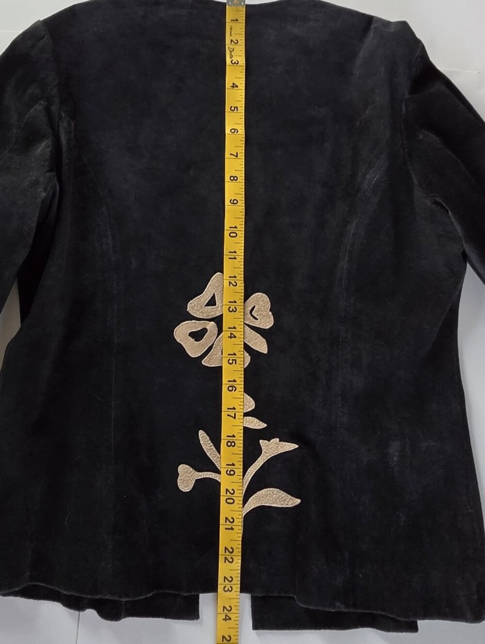 B&J Black Suede Floral Applique Jacket Autumn Outerwear Collarless Leather Coat - Picture 7 of 11